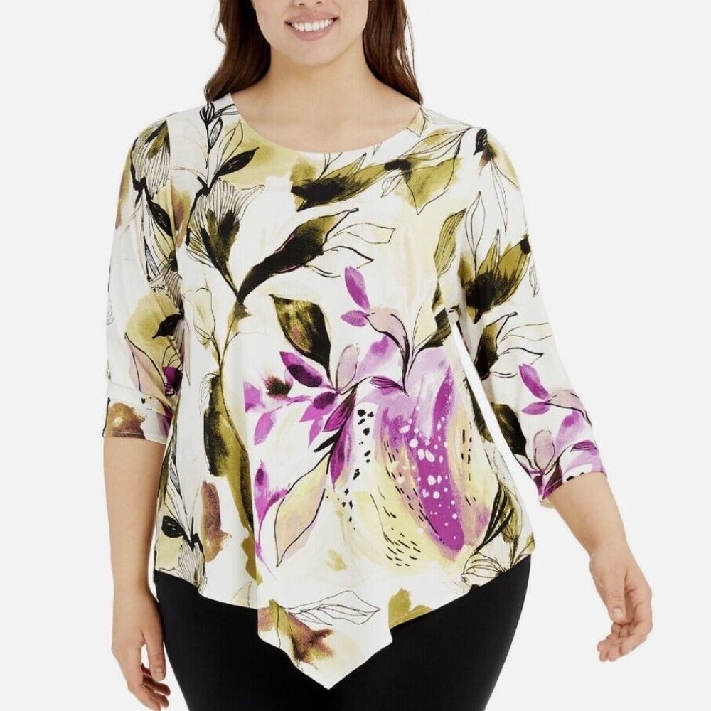 Alfani Womens Petite PS Garden Vision Printed Scoop Neck 3/4 Sleeve Top NWT T42